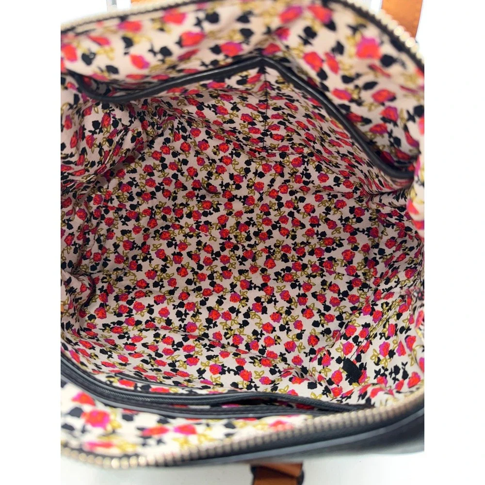 Vera Bradley Black Leather Satchel Crossbody Bag Floral Lining Tan Trim